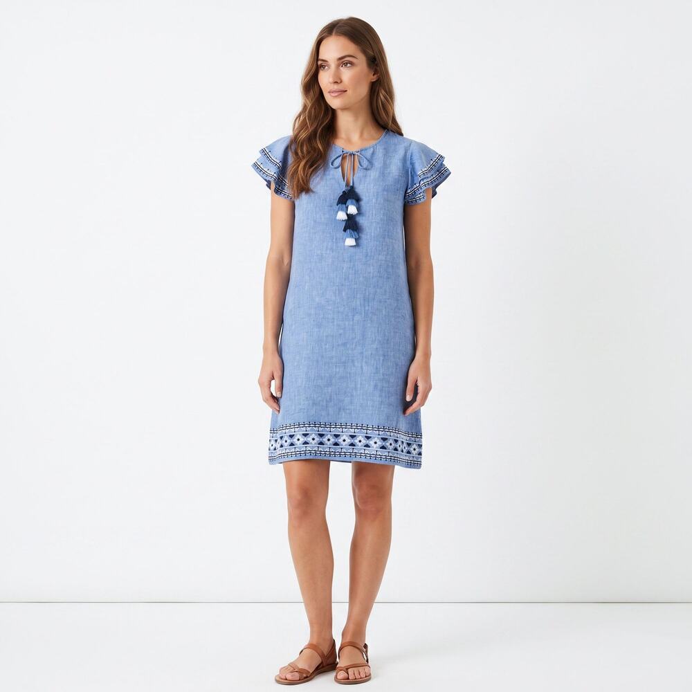 Vineyard Vines Chambray Shift Dress XXS Blue Embroidered Boho Tassel Flutter